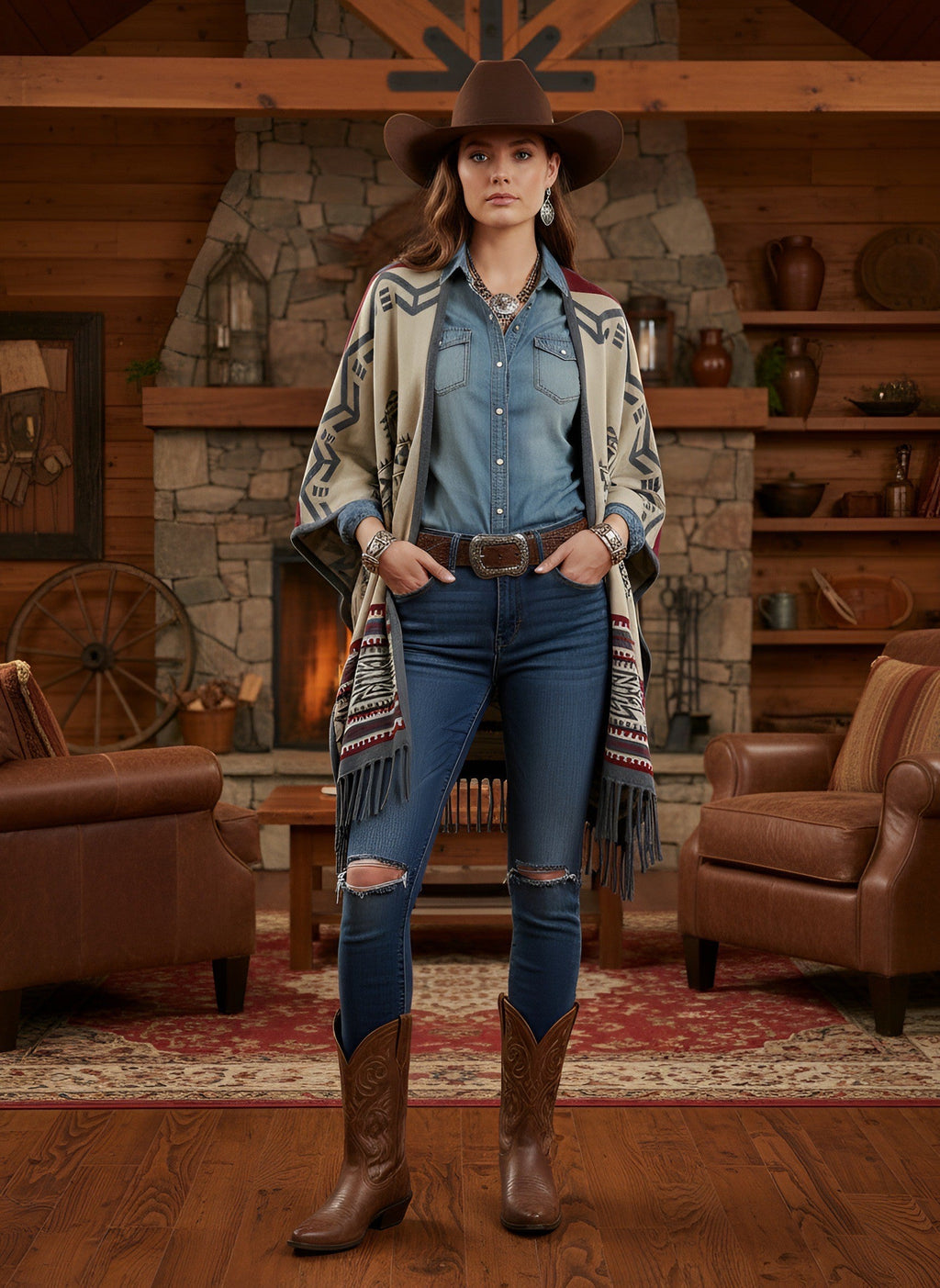 Reversible southwest shawl wrap draped over shoulders, geometric print with fringe edges