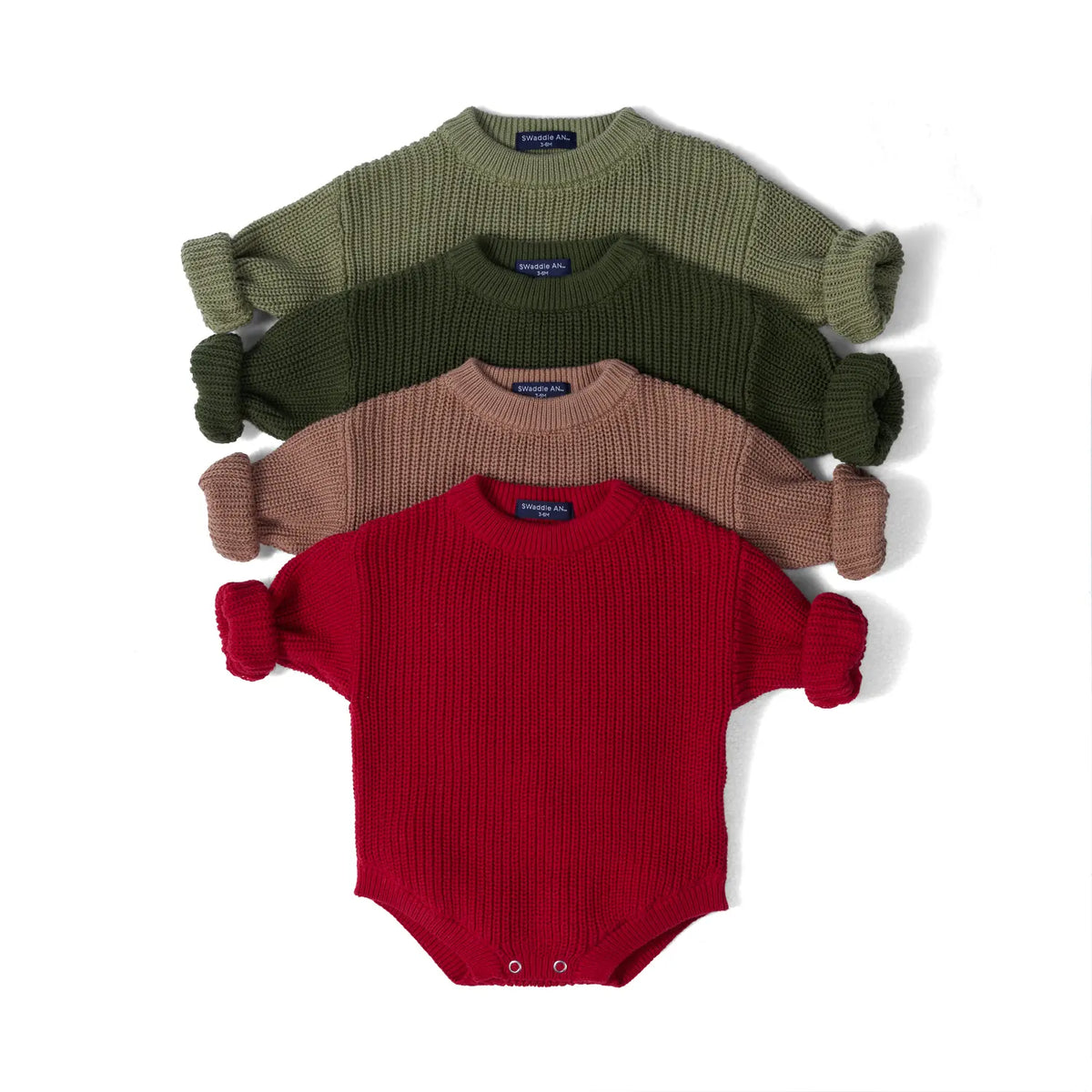 Knit baby romper bundle in olive, taupe and red with long sleeves and snap legs.