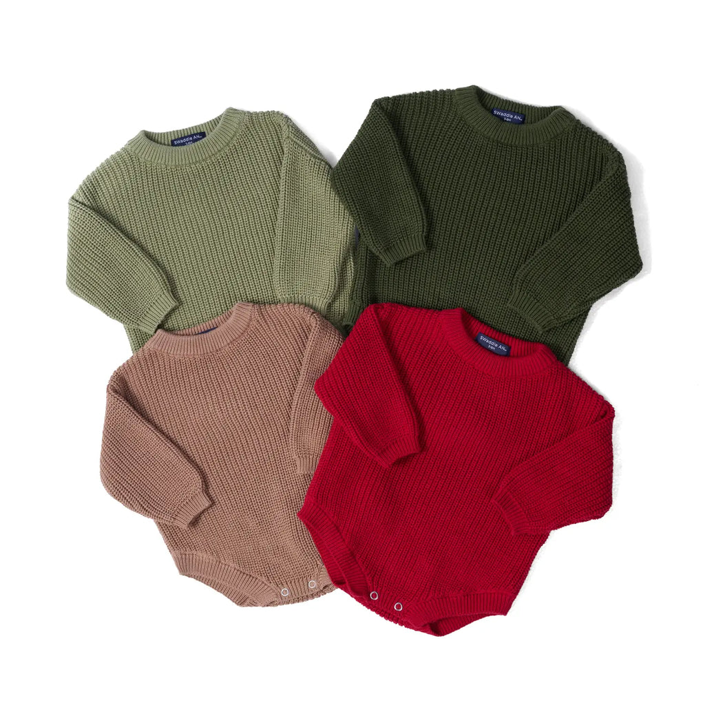 Knit baby romper bundle in mocha, olive, blush pink and red with long sleeves.