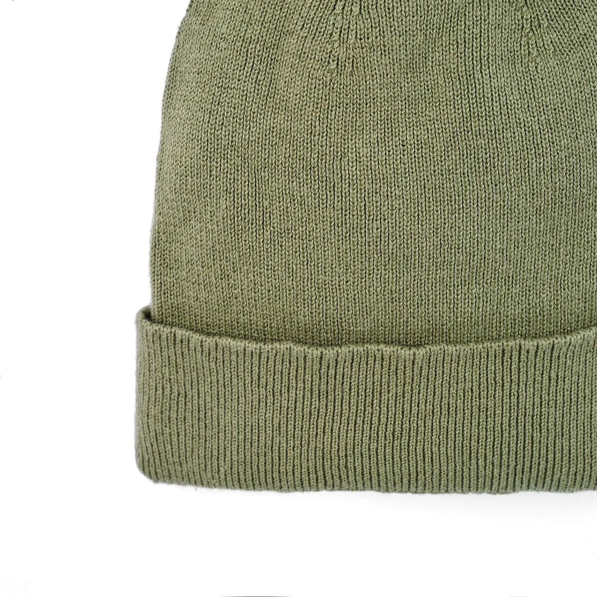 Sage green knit baby beanie front with ribbed brim