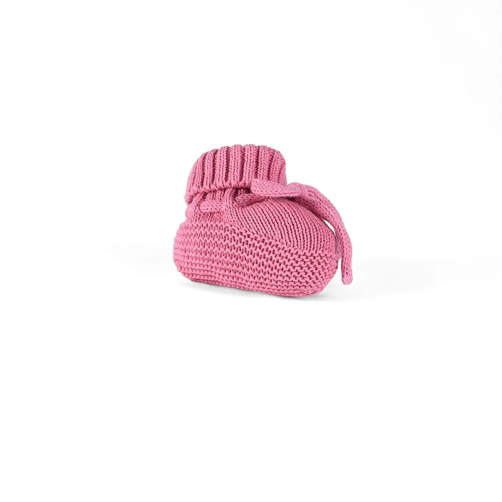 Rose pink knitted baby bootie with ribbed cuff and tie detail