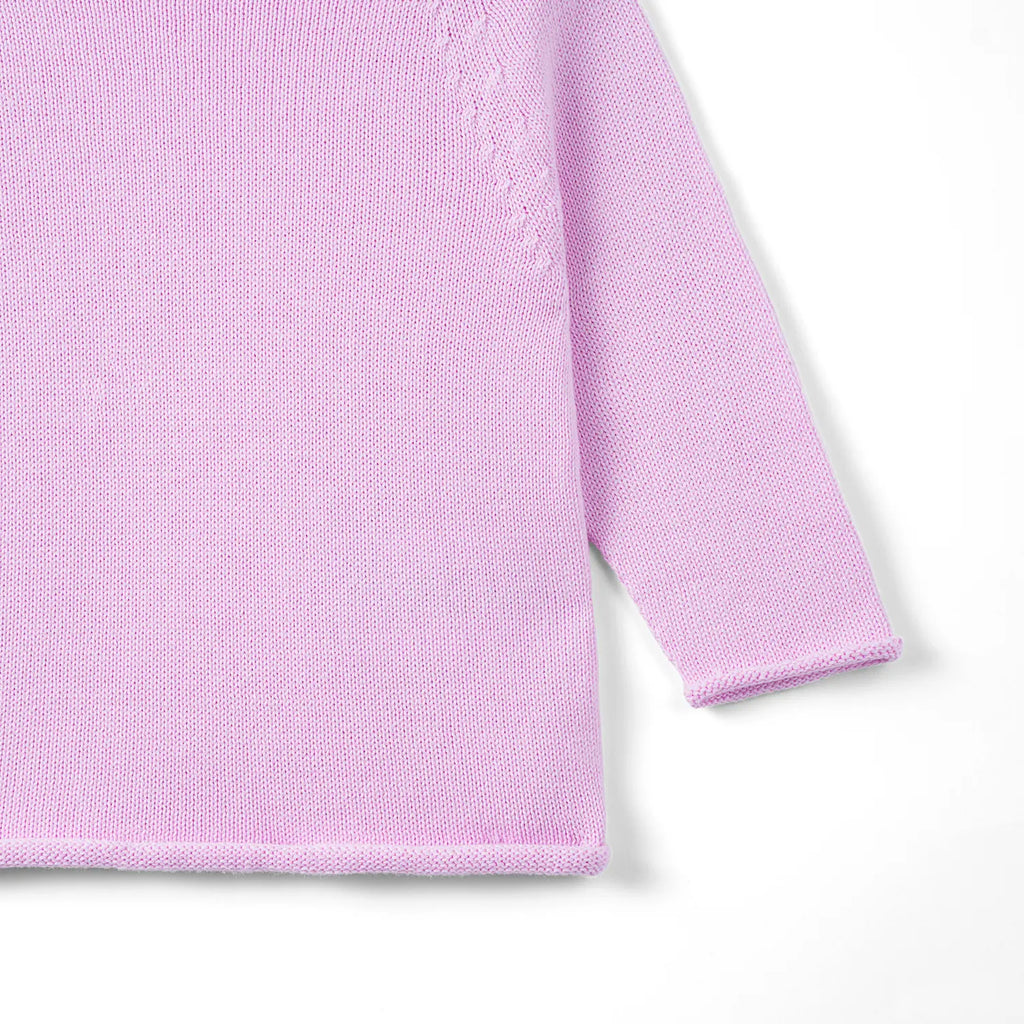 Lilac knit baby sweater with long sleeves and ribbed cuff