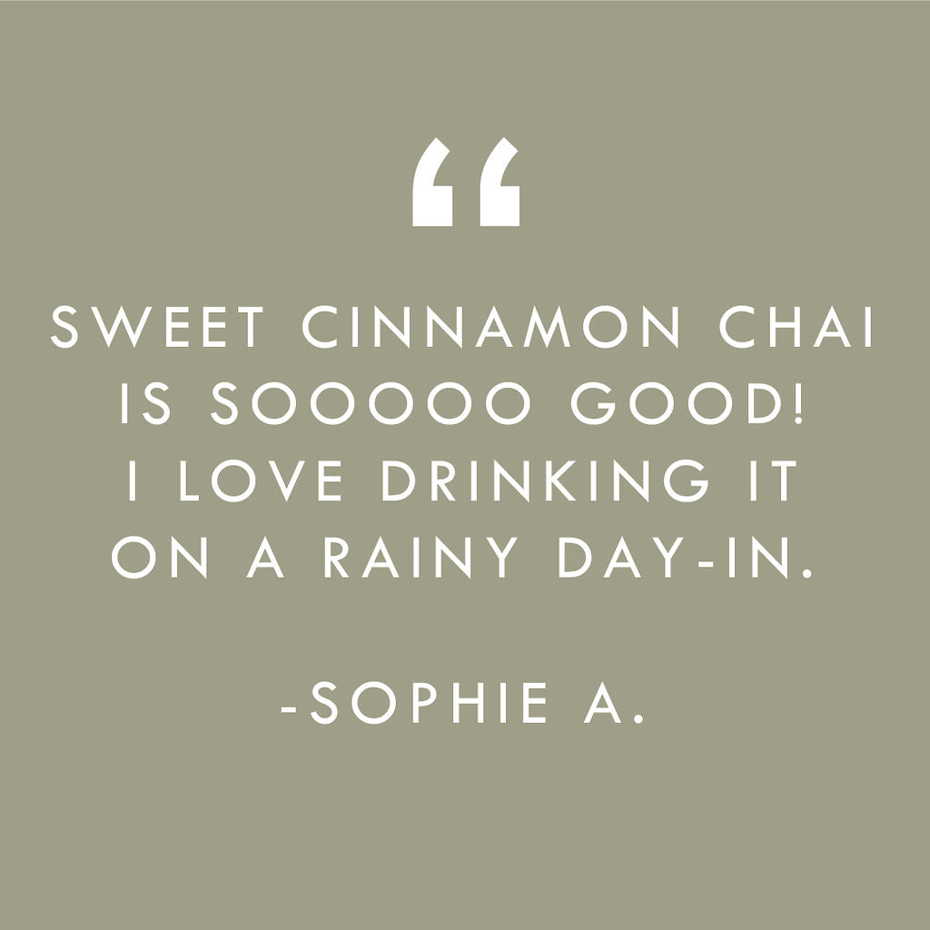 Sweet Cinnamon Chai tea product quote card with a customer testimonial.
