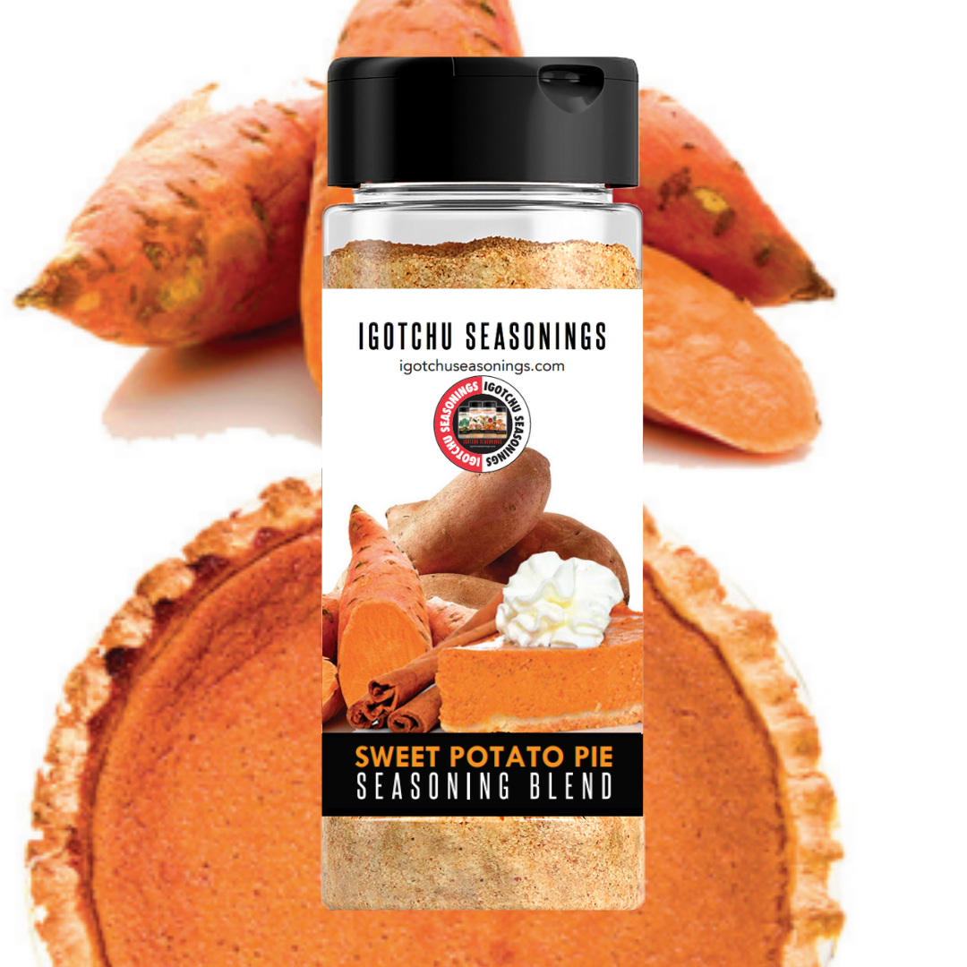 Sweet potato pie seasoning blend bottle with photo label and black cap