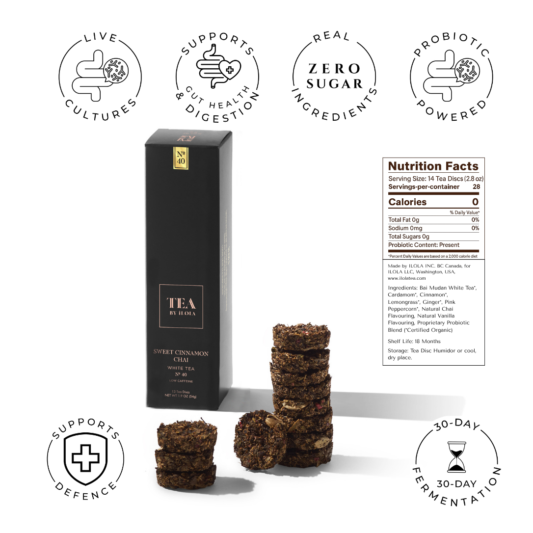Black tea box with stacked Sweet Cinnamon Chai discs