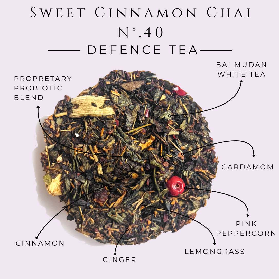 Sweet Cinnamon Chai tea disc with labeled spices and white tea ingredients