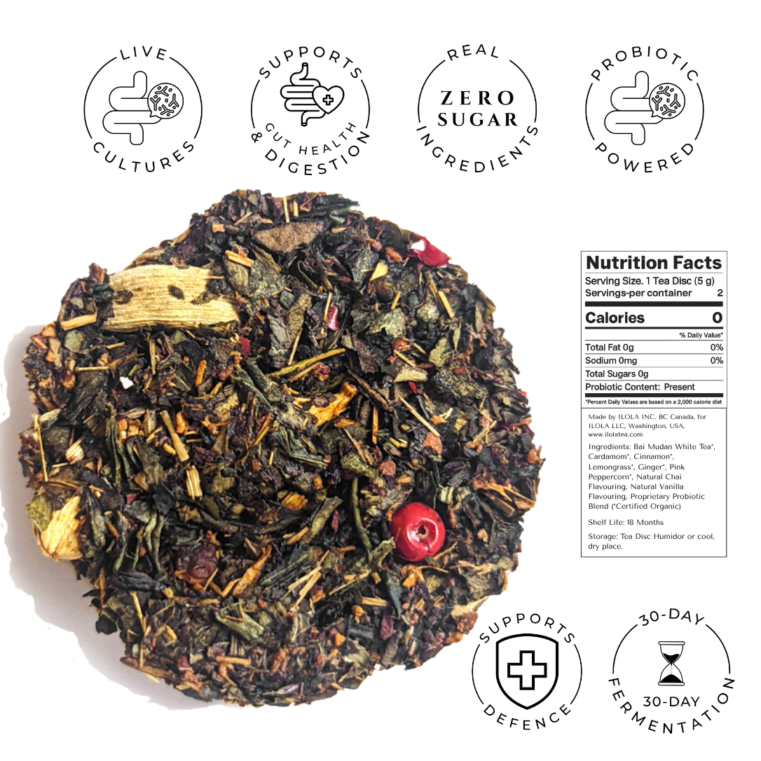 Spiced probiotic tea disc with cinnamon, herbs, and red peppercorns