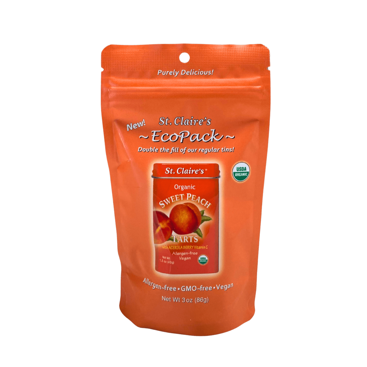 Organic sweet peach tarts pouch with St. Claire's EcoPack label