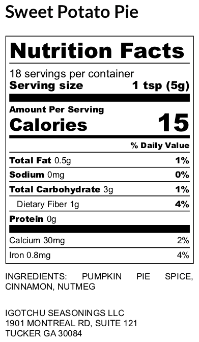 Nutrition Facts label for sweet potato pie seasoning blend, 1 tsp serving size