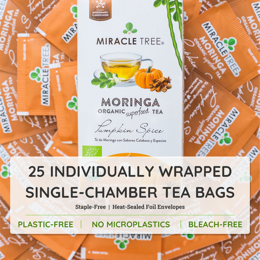 Moringa pumpkin spice tea box with 25 individually wrapped single-serve tea bags label