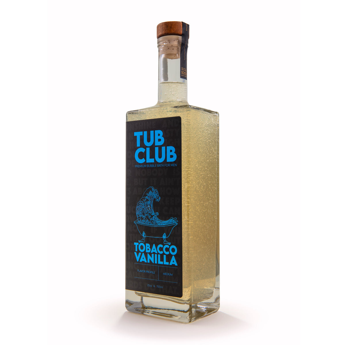 TUB CLUB bubble bath bottle with blue front label and amber glass