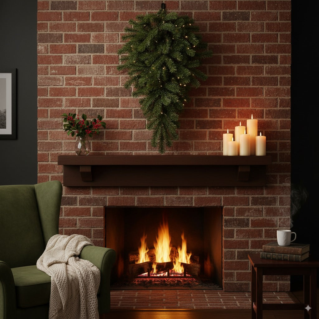 Green artificial fir teardrop Christmas swag hanging against a brick wall