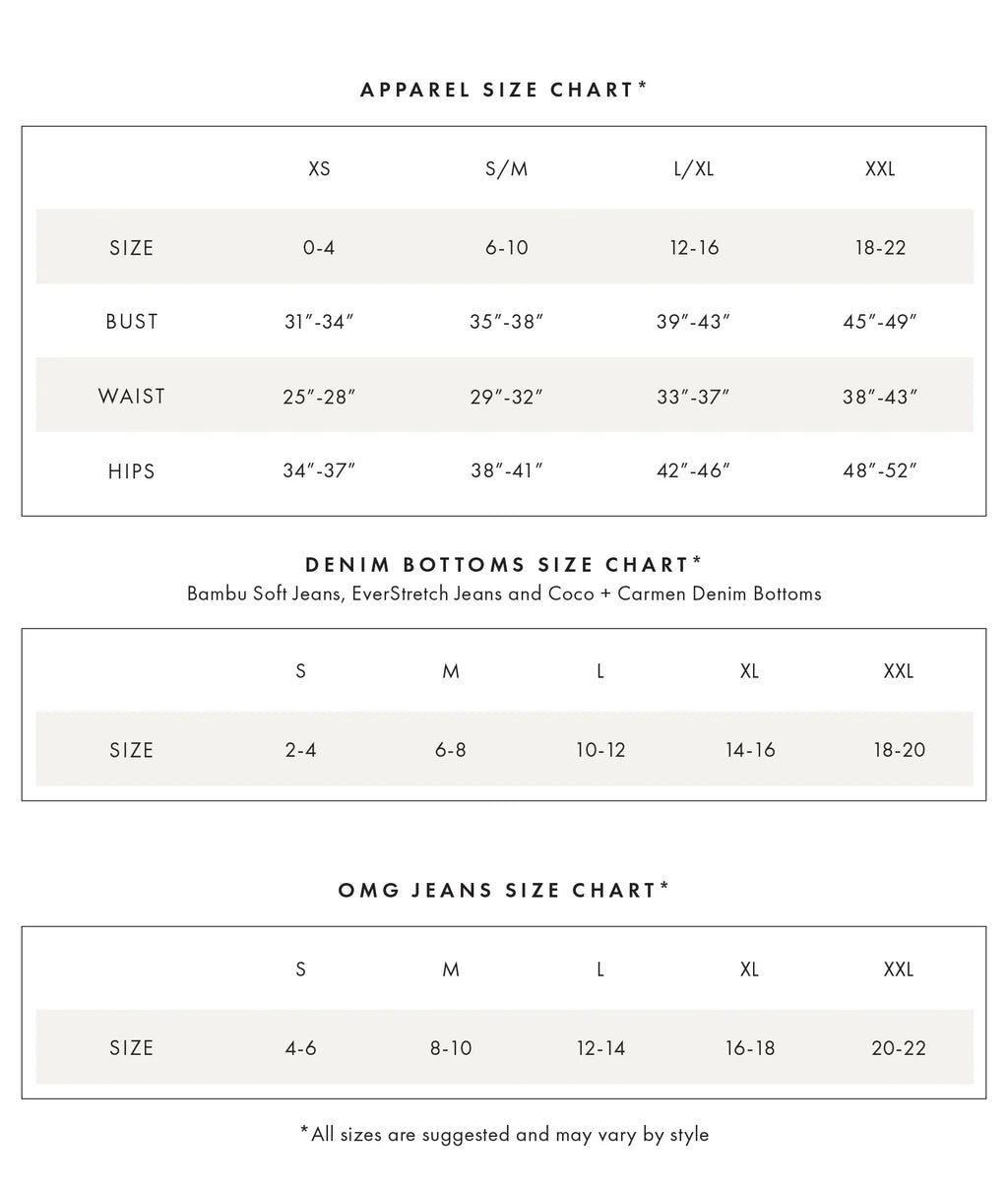 Apparel size chart and denim bottom size chart with bust, waist, hips measurements