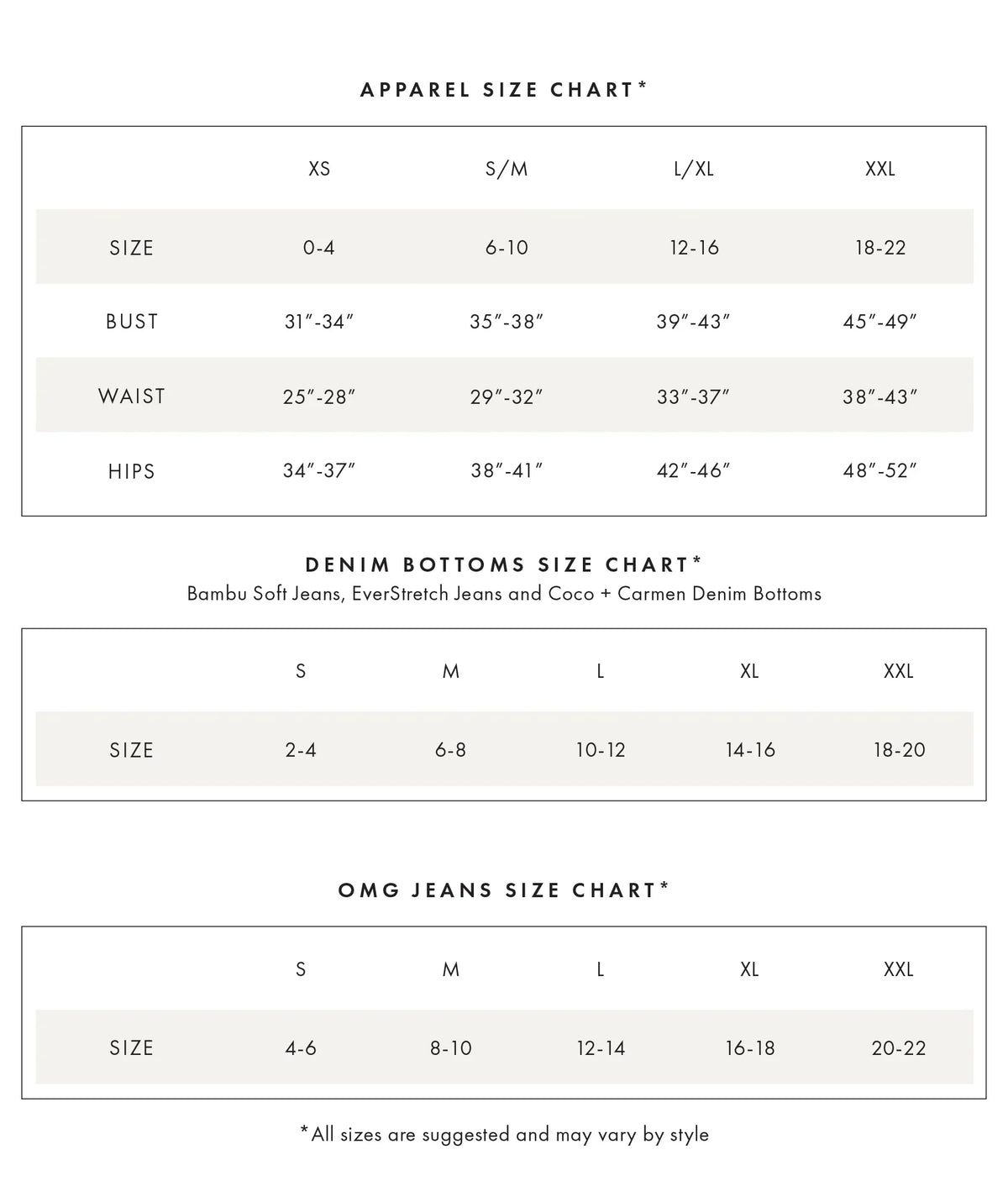 Apparel size chart and denim bottom size chart with bust, waist, hips measurements