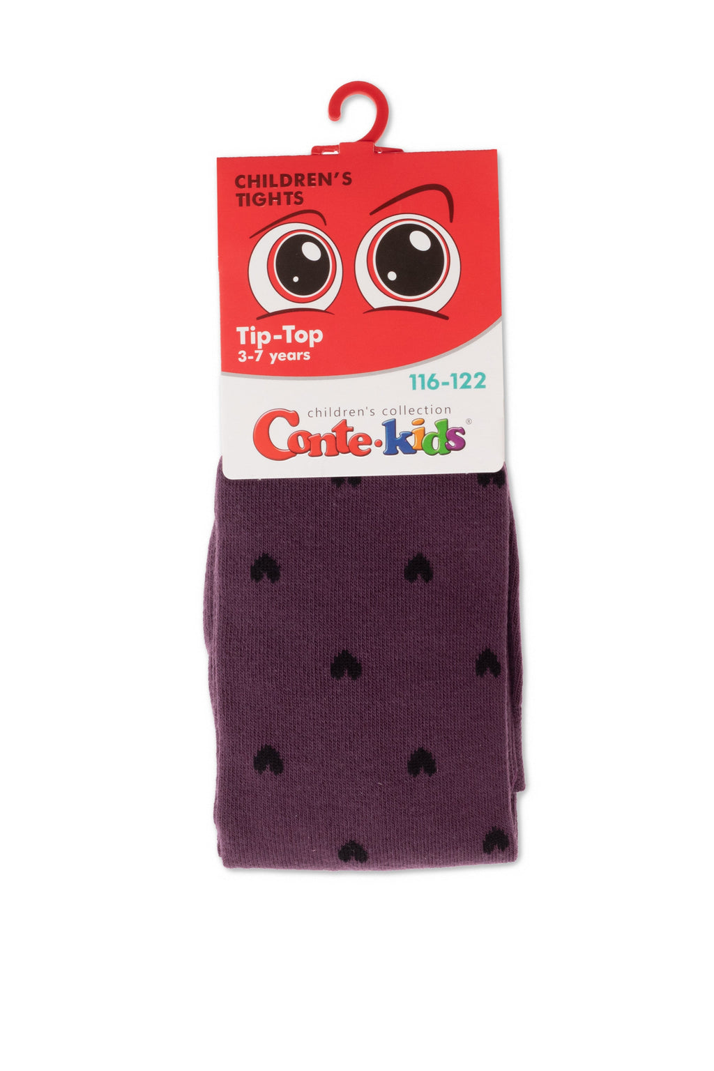 Kids cotton tights in dark maroon with small black hearts, on hanging card