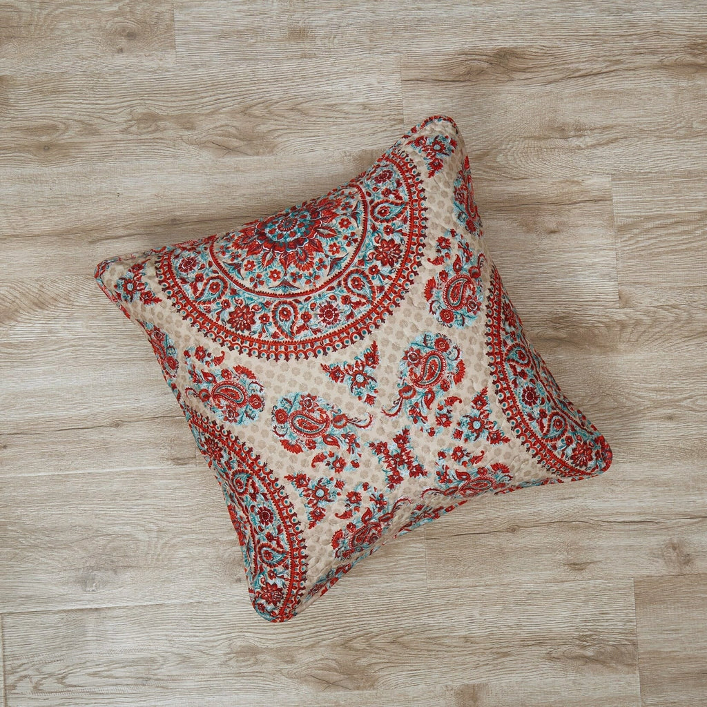 Bohemian throw pillow cover with scrolling paisley border in red and teal on off-white