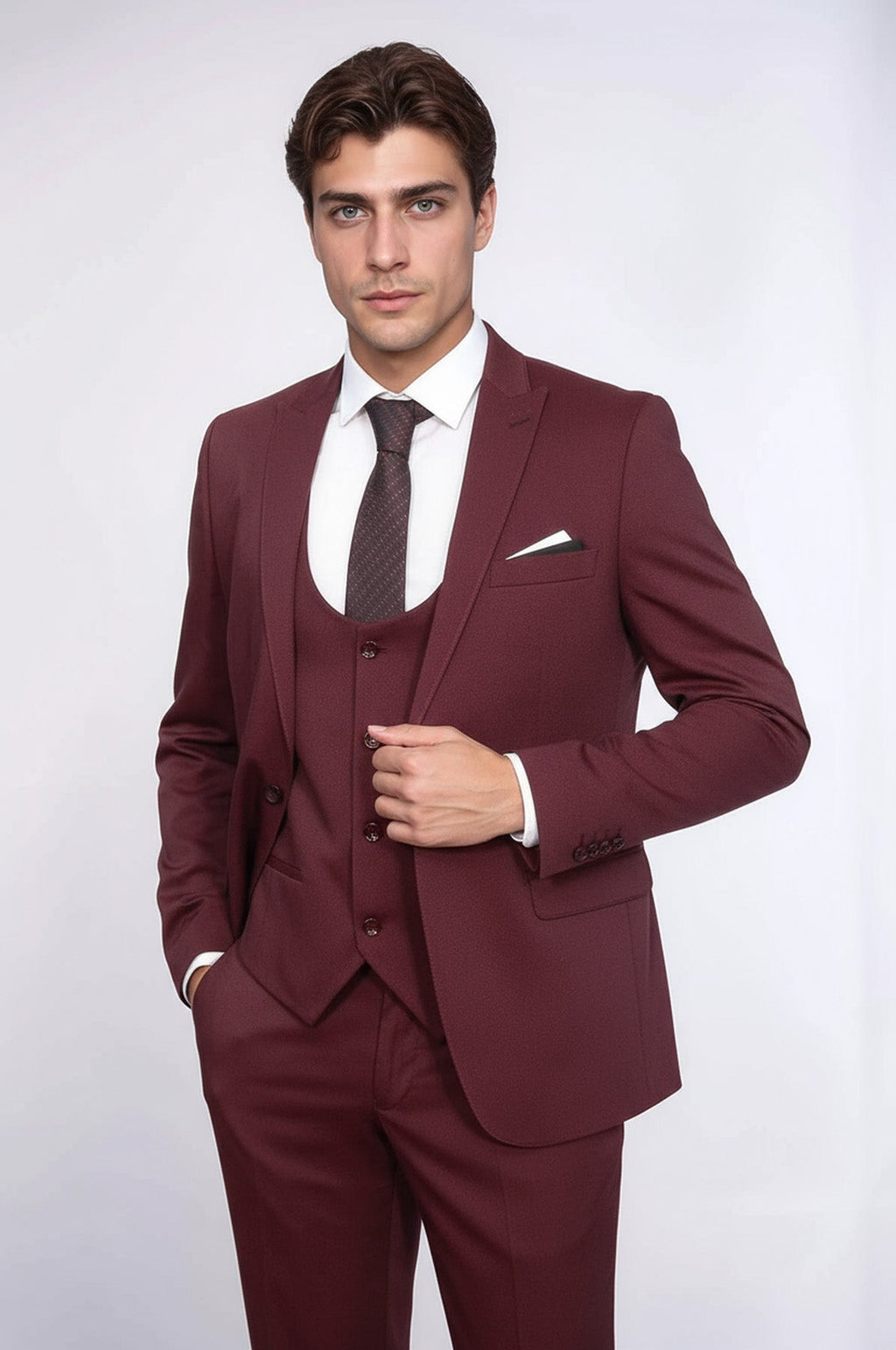 Wessi burgundy patterned vest suit with jacket, waistcoat, and matching trousers