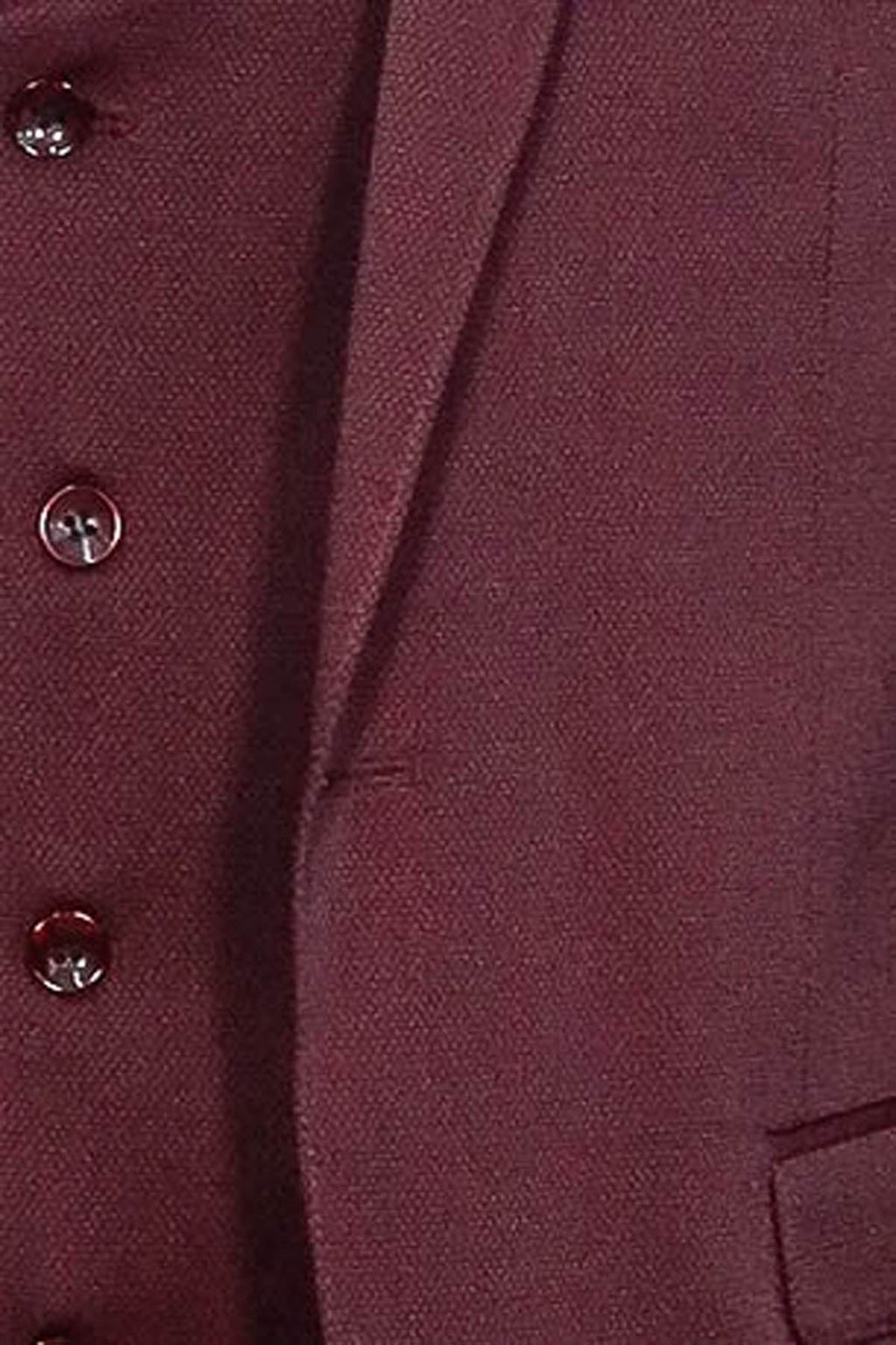 Burgundy waistcoat and suit jacket front with button and lapel detail