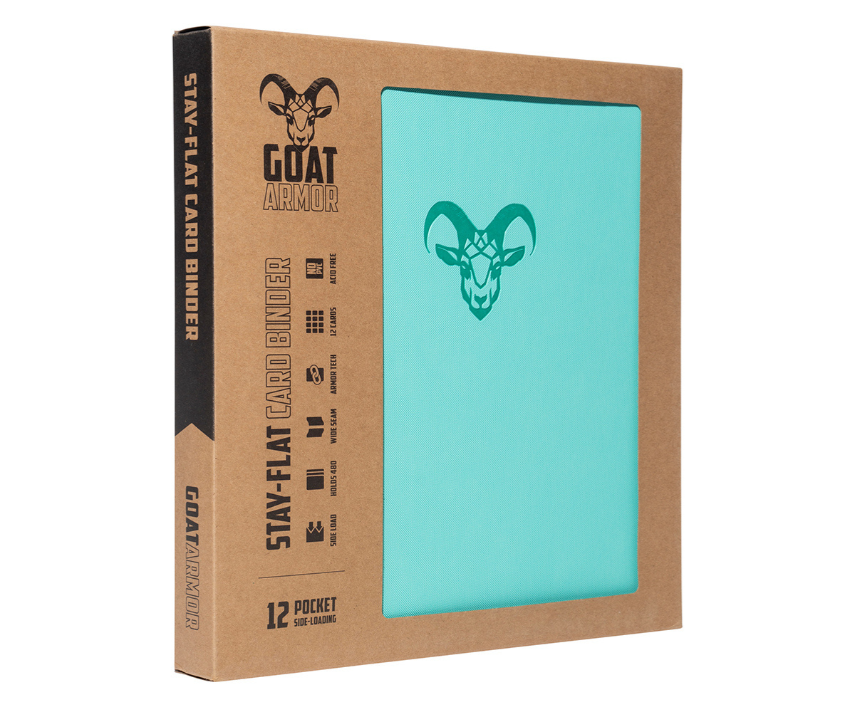 Card binder in box with teal front panel and goat head emblem