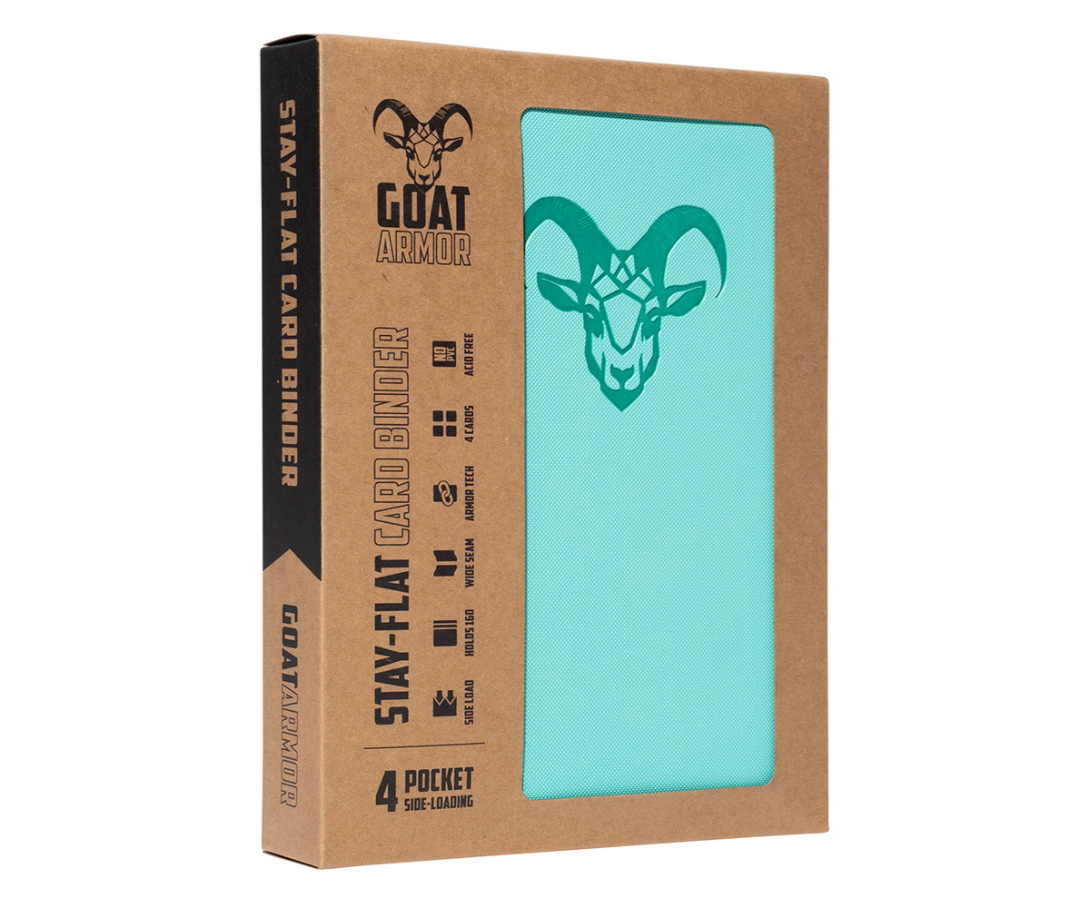 Stay Flat card binder, teal front panel with goat icon and slide-on style