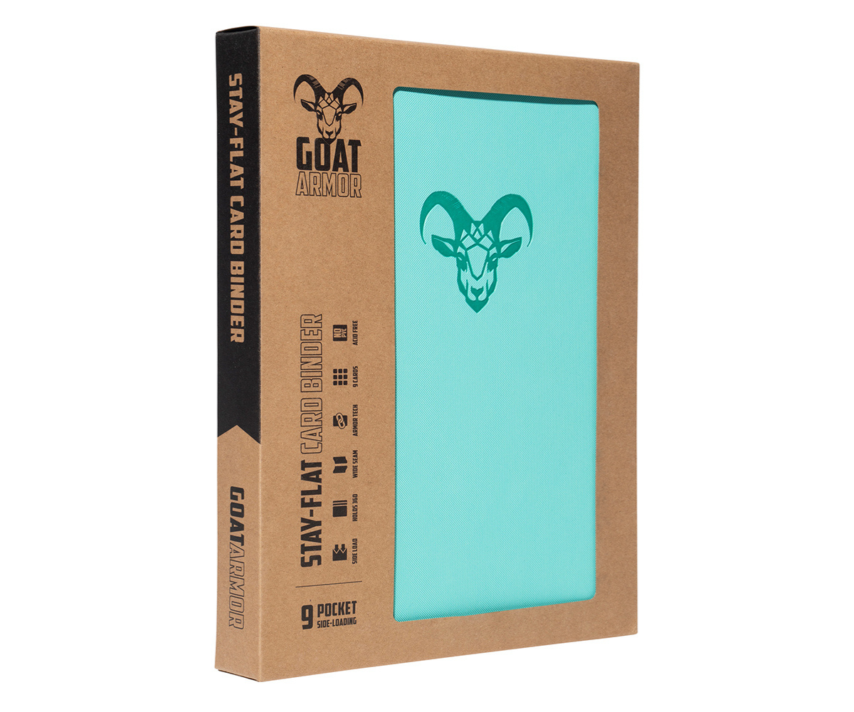 Stay Flat card binder, mint teal front panel with goat icon and slide-on style