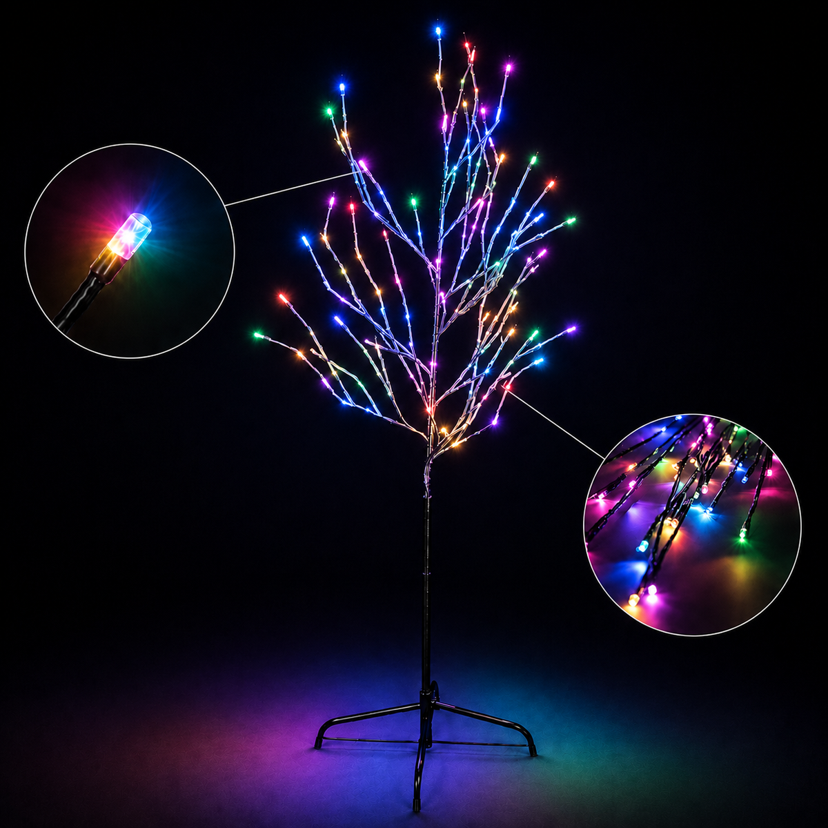Multicolor LED tree string lights on floor stand with colorful bulbs on branches