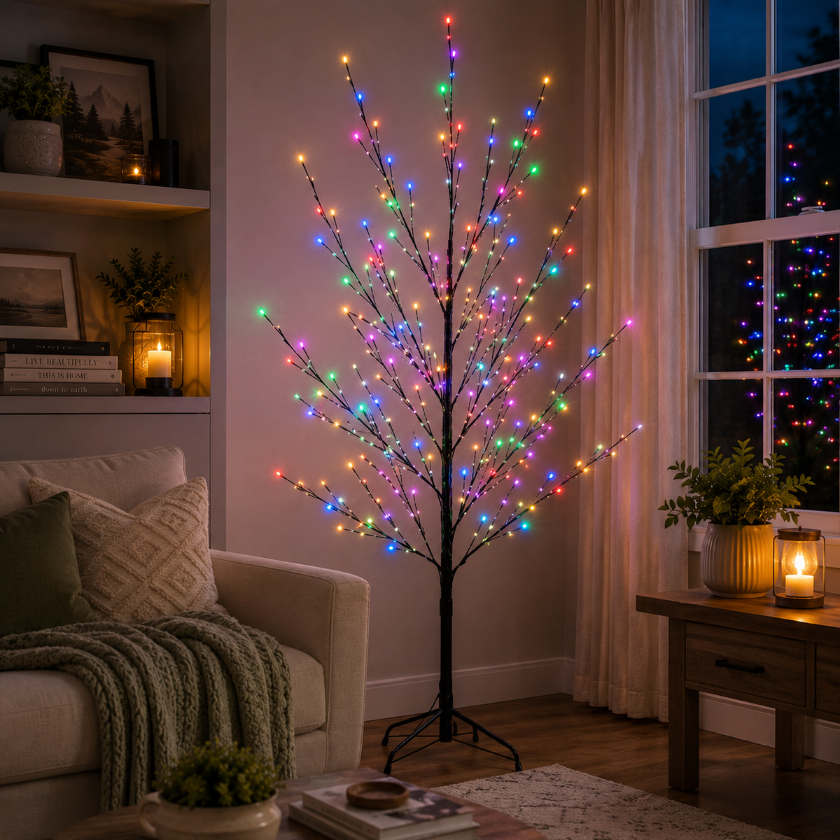Multicolor LED tree string lights with tall branches and multicolor bulbs on floor stand