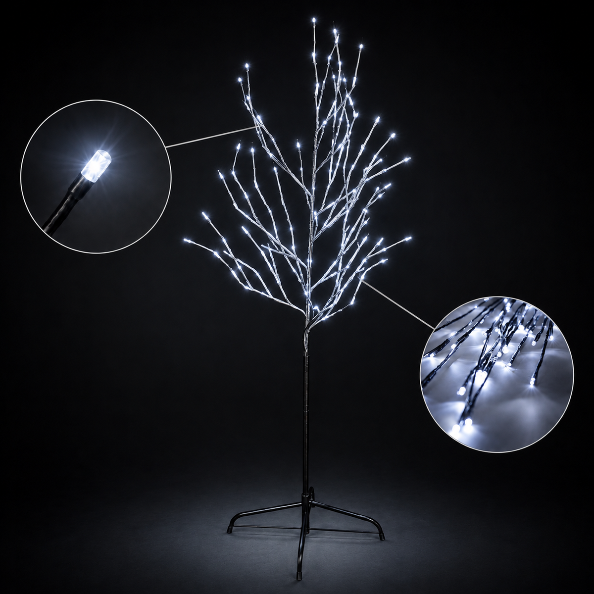7 ft white LED tree light with glowing branch tips on a black tripod stand