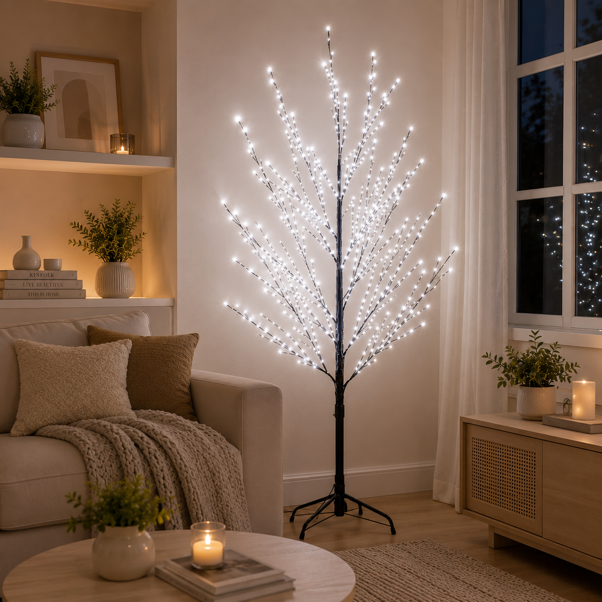 White LED lit tree light on floor stand in living room near sofa and window