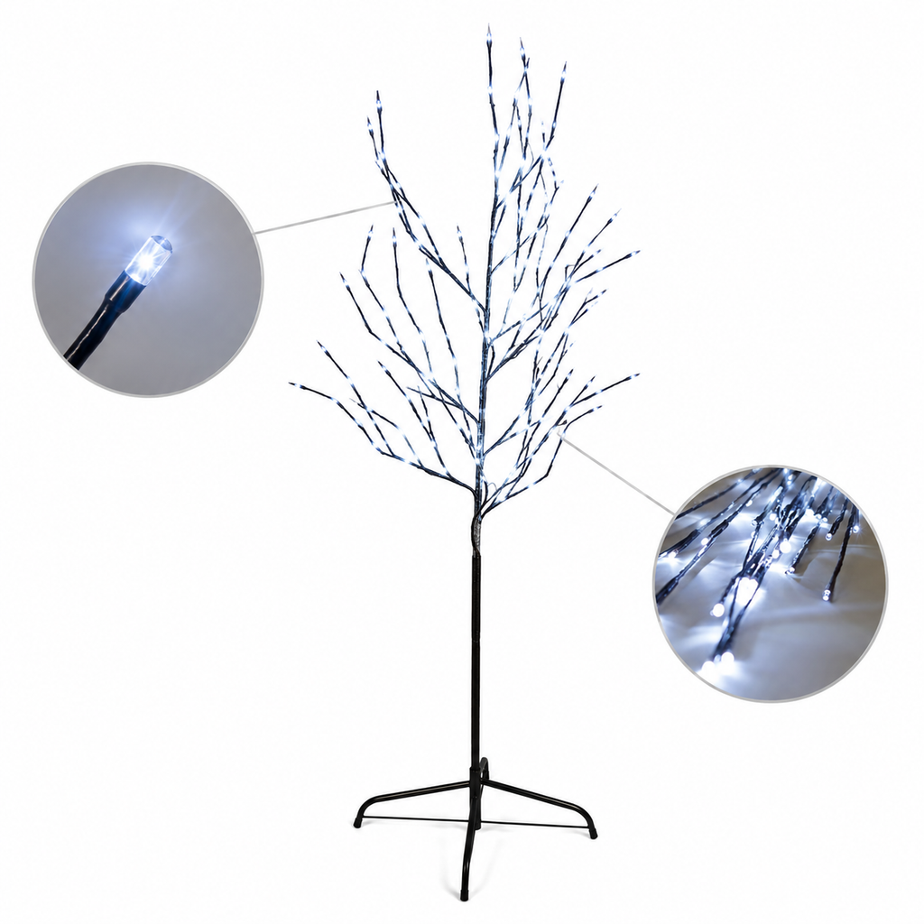 7 ft white LED tree light with black stand and glowing branch tips