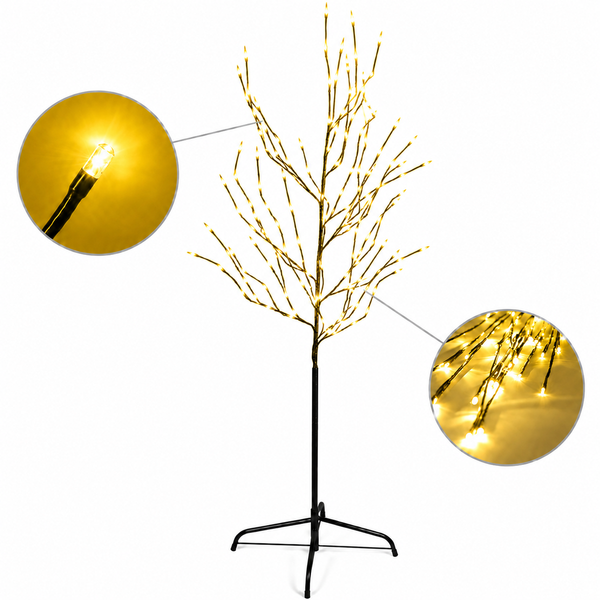 6 ft 150-light tree string lights with black branches and warm yellow bulbs