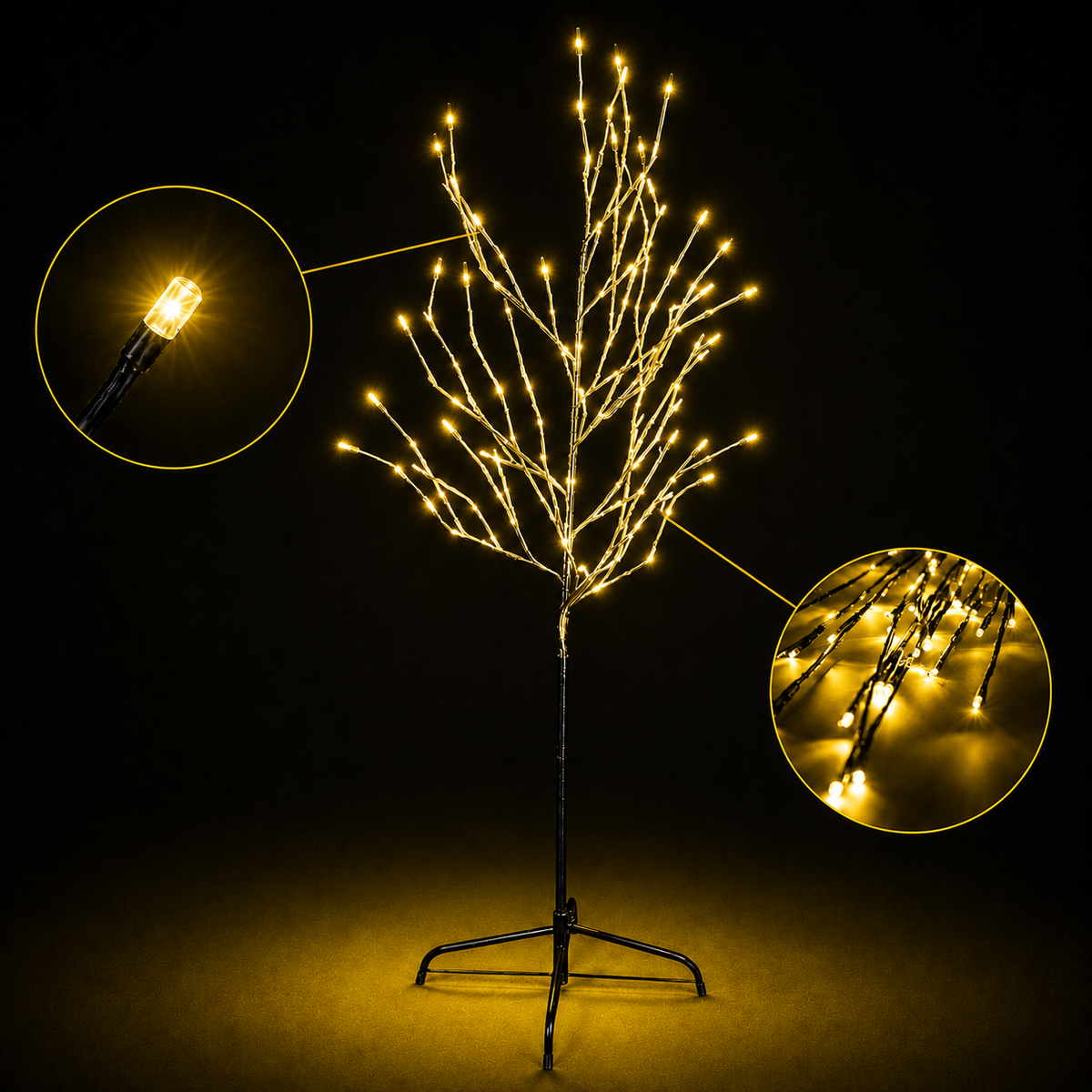 Standing tree string lights with black branches and warm yellow LED bulbs (150 lights)