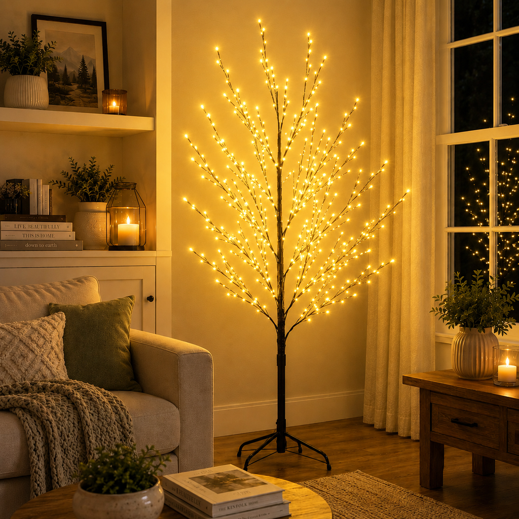 Tall indoor tree string lights with warm yellow bulbs on a black metal stand