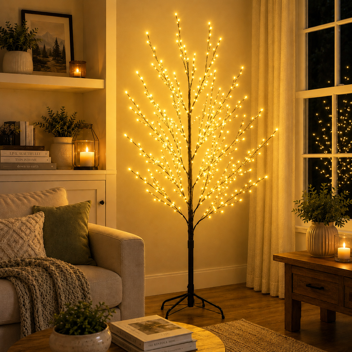 Tall indoor tree string lights with warm yellow bulbs on a black metal stand