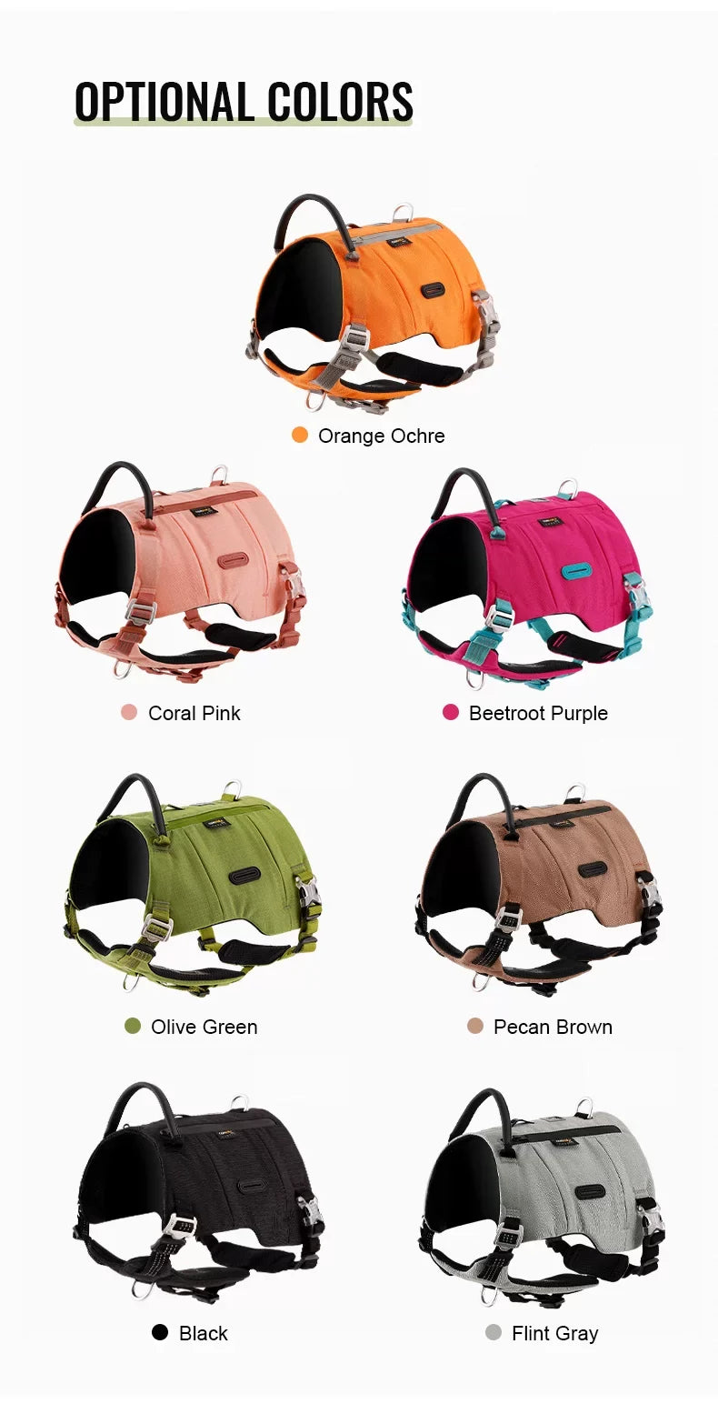 Set of color options for adjustable dog harnesses: orange, pink, purple, green, brown, black, gray