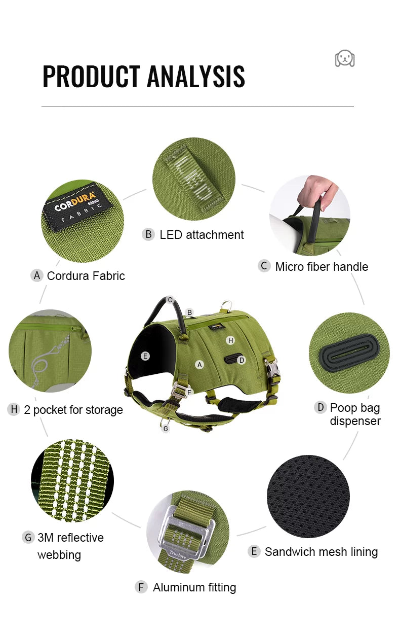 Olive green dog harness showing Cordura fabric, reflective webbing, and mesh lining