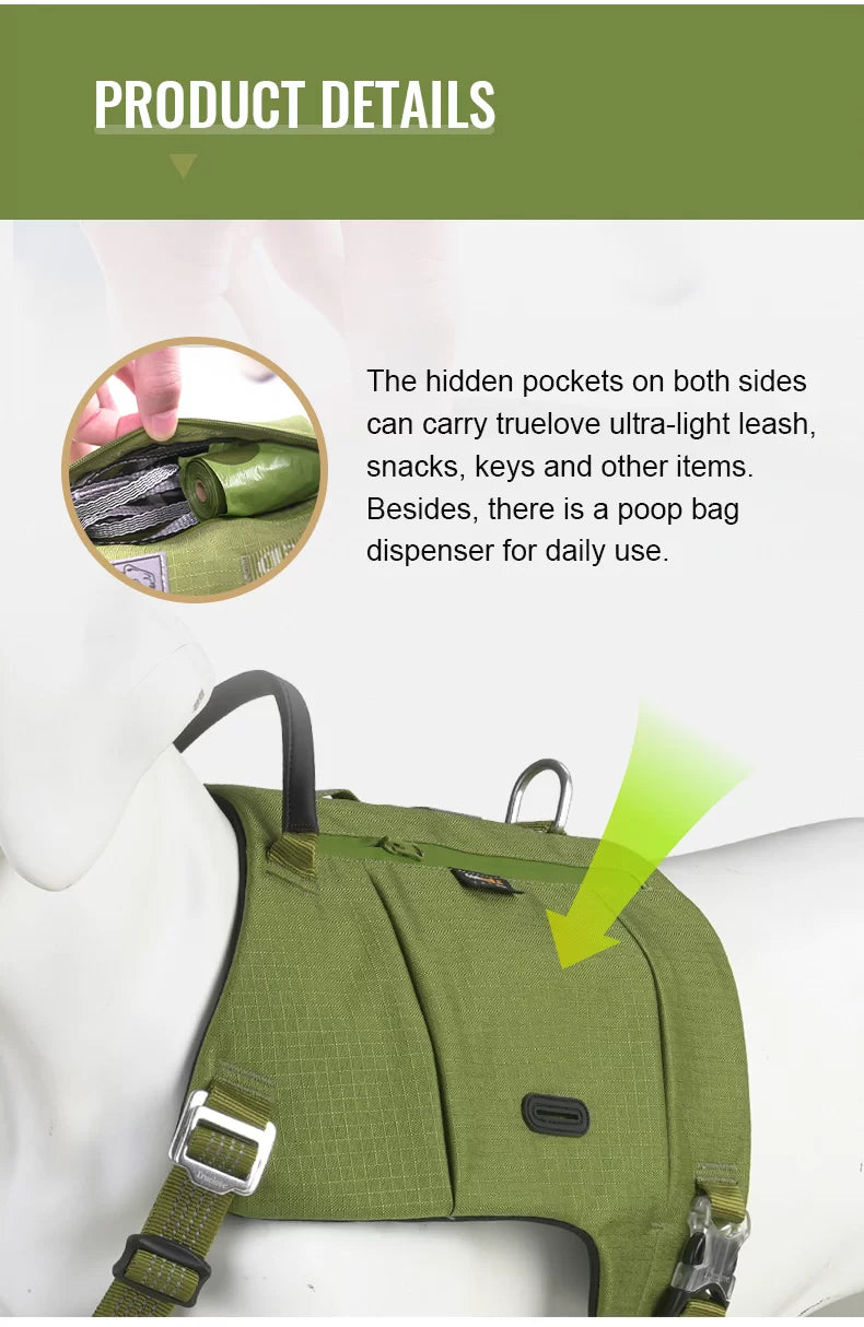 Olive green dog harness with hidden storage pockets and leash/snack carry pockets