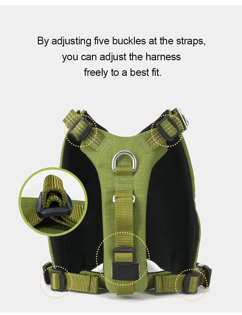 Olive green dog harness with five-buckle adjusters and front reflective webbing