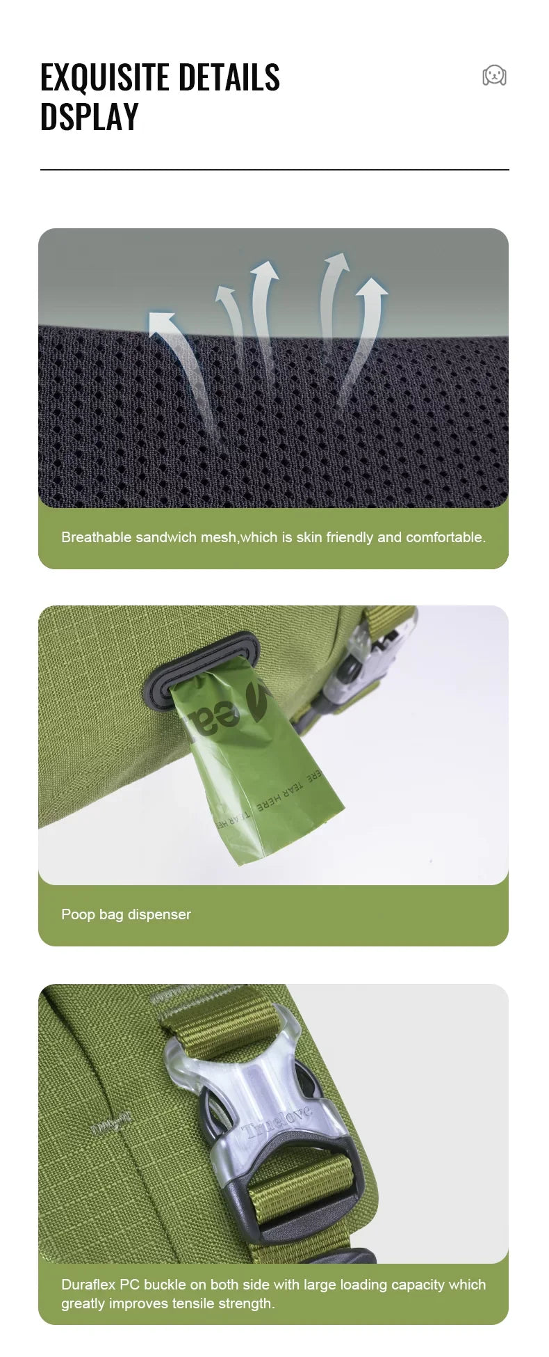Olive green dog harness with details view of smooth pocket and side bag dispenser
