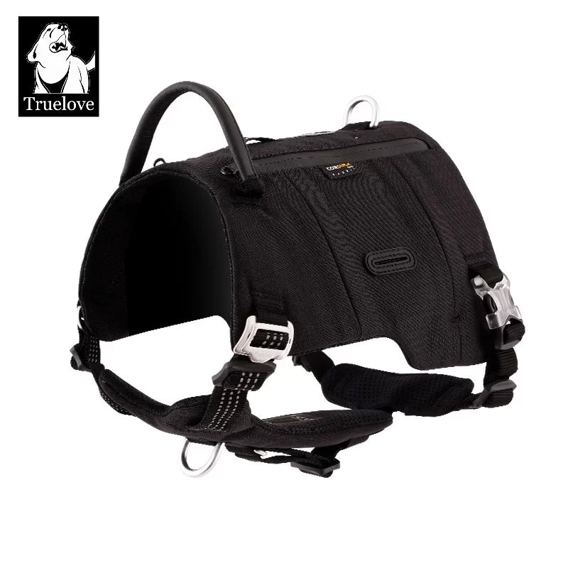 Black adjustable Cordura dog harness with front straps, buckles, and metal D-rings