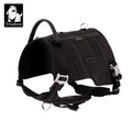 Black adjustable Cordura dog harness with front straps, buckles, and metal D-rings