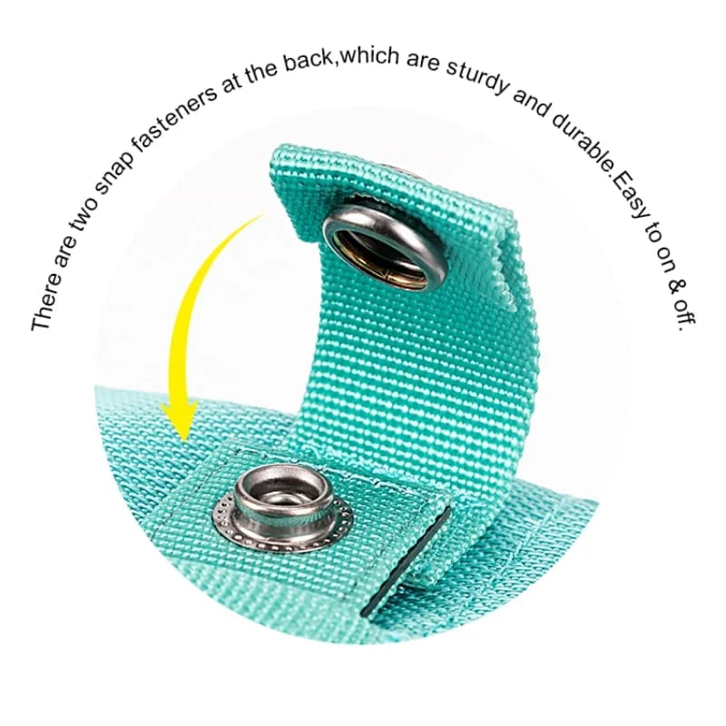 Teal pouch closure with metal grommet and snap fasteners for secure fastening