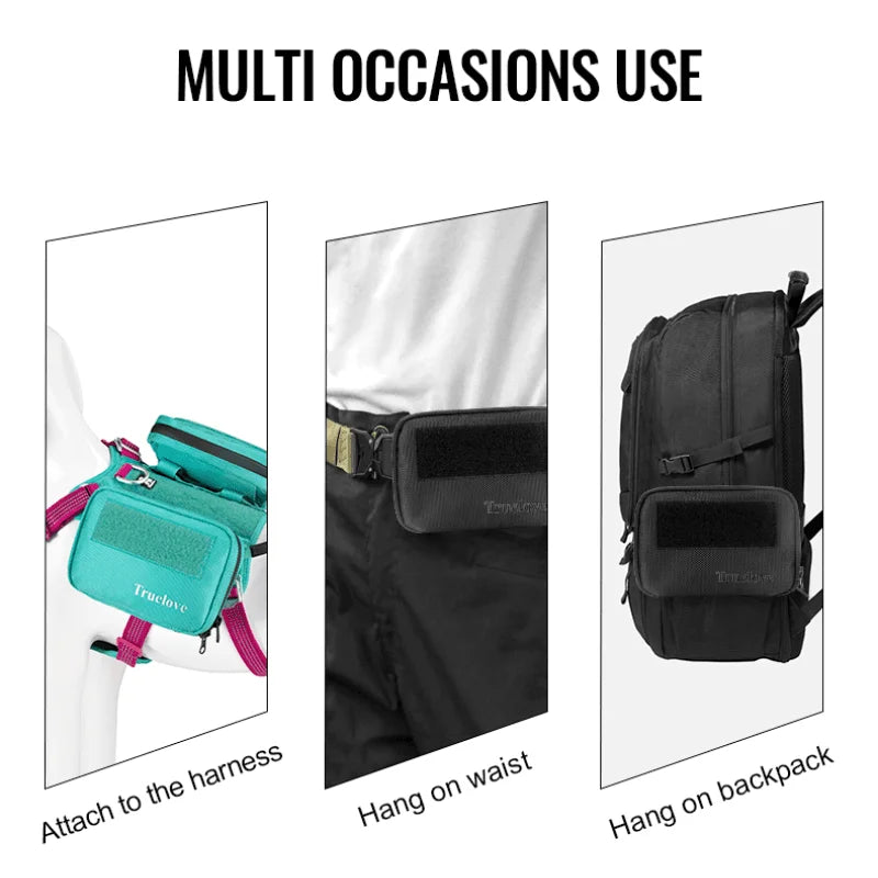 Black pet pouch with clip-and-strap attachment points for hand, waist, or backpack use