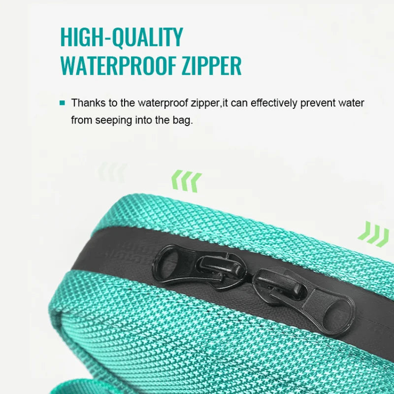 Teal pet pouch end with black waterproof zipper and pull tab