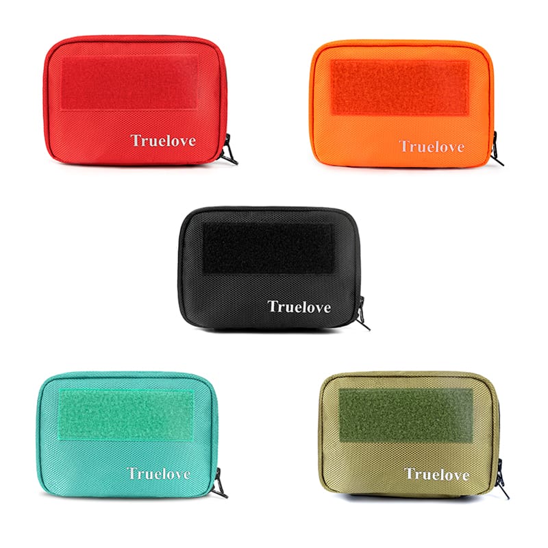 Set of small pet pouches with rectangular label window in red, orange, teal, and olive