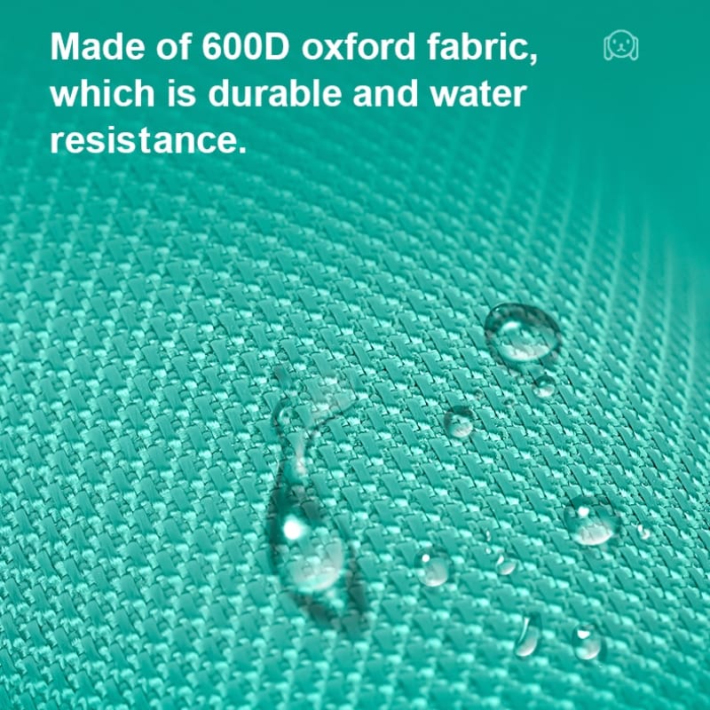 Teal woven pet pouch fabric with water droplets for water-resistant protection