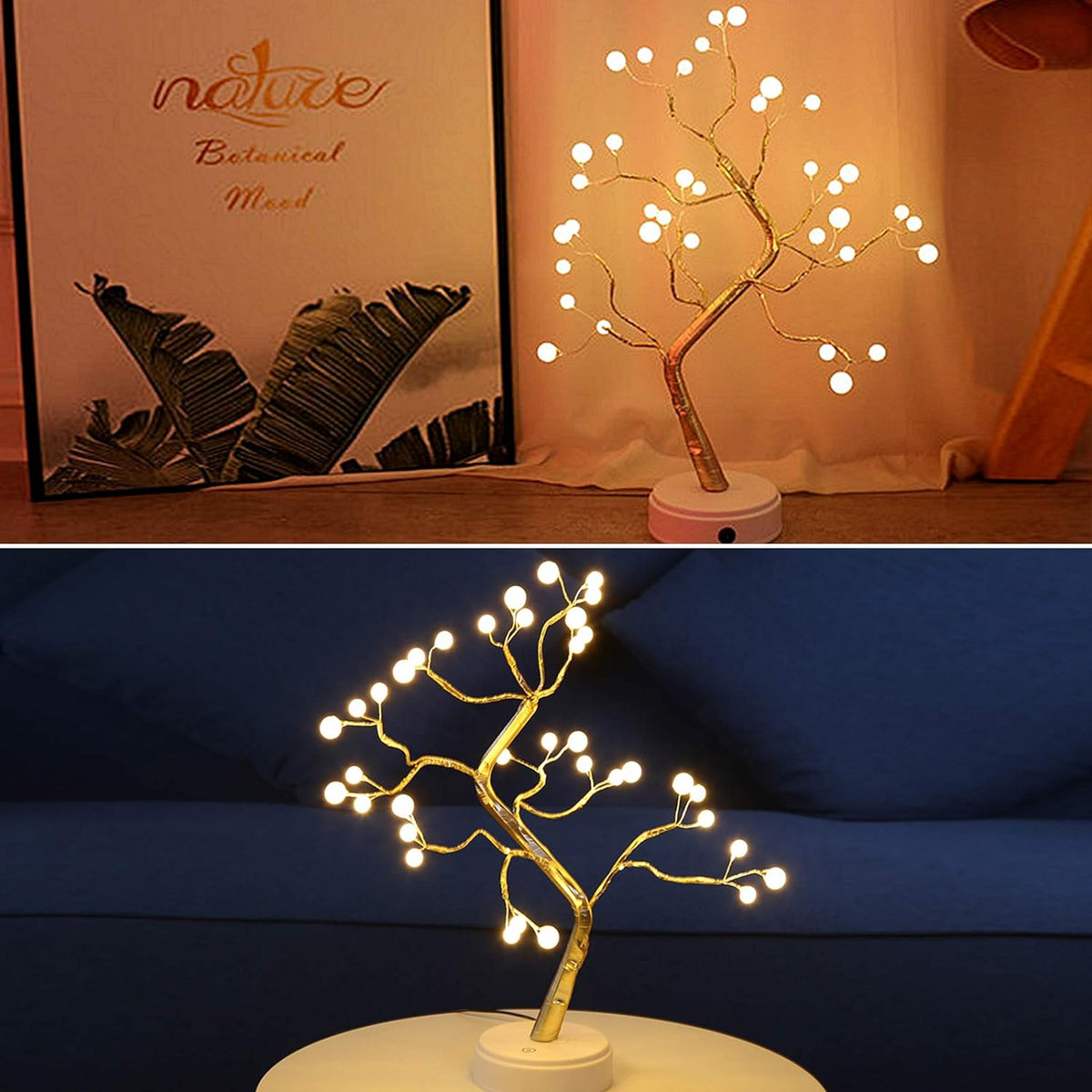Warm white LED tree light display with gold branches, lit bulb points on round base.