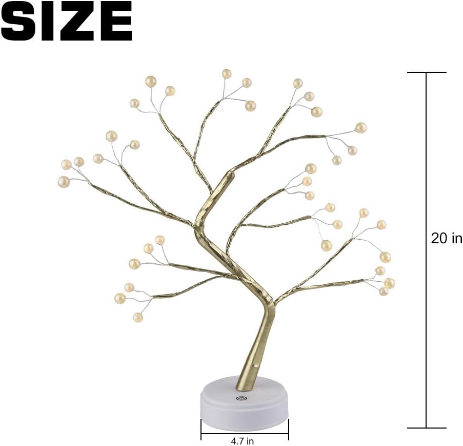 LED tree lights size diagram: 20 in height, 4.7 in base; warm white bulbs.