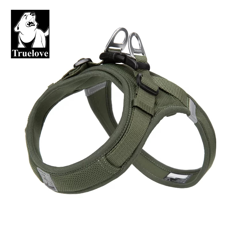 Moss green mesh dog harness with padded chest strap and adjustable side straps
