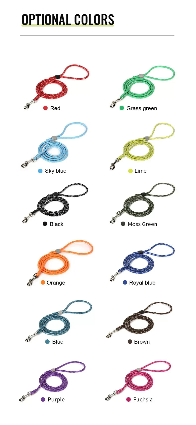 Assorted color options for rope dog leashes, each with a snap hook